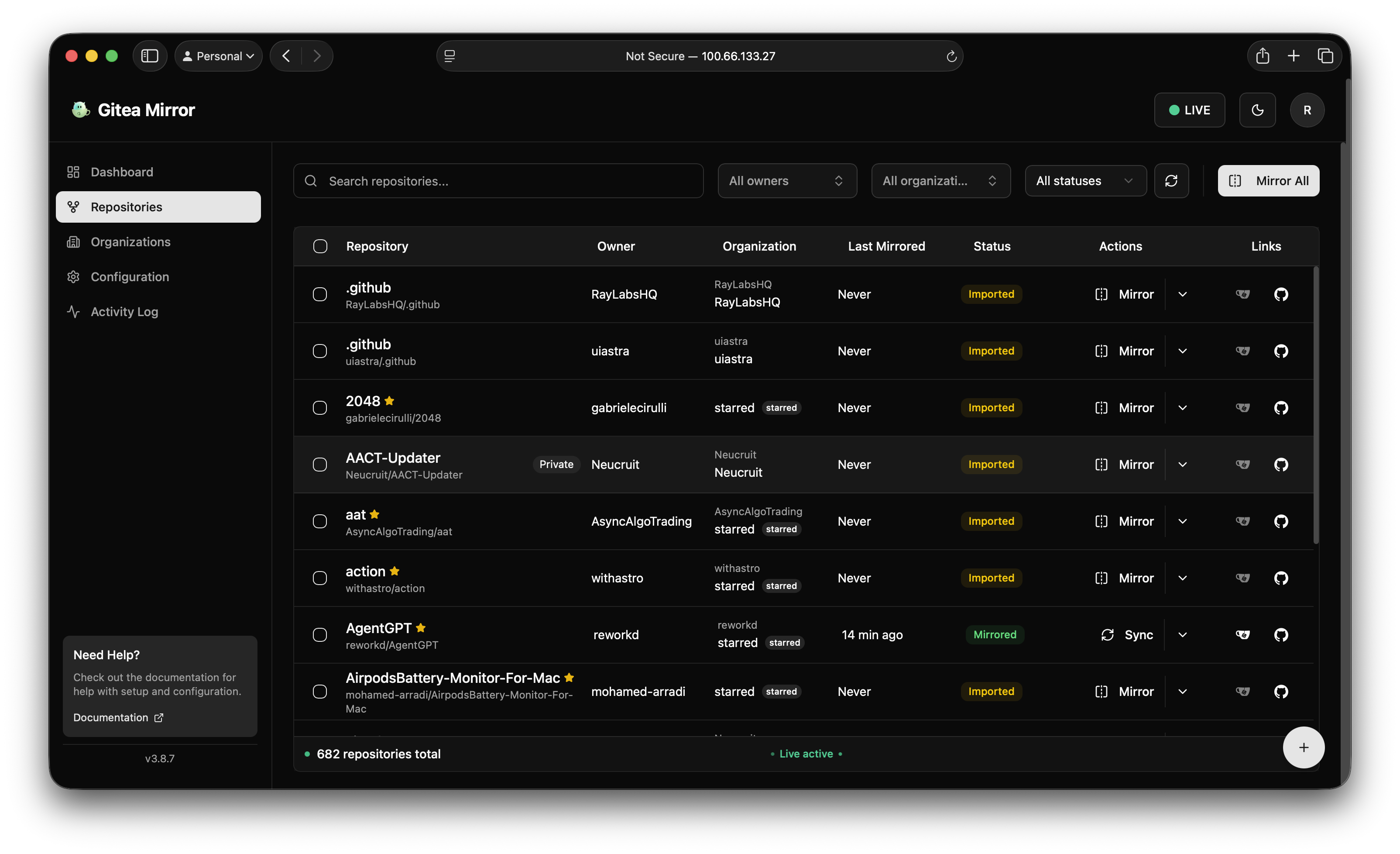 Repositories dashboard in Gitea Mirror showing archived GitHub projects synced into Gitea.